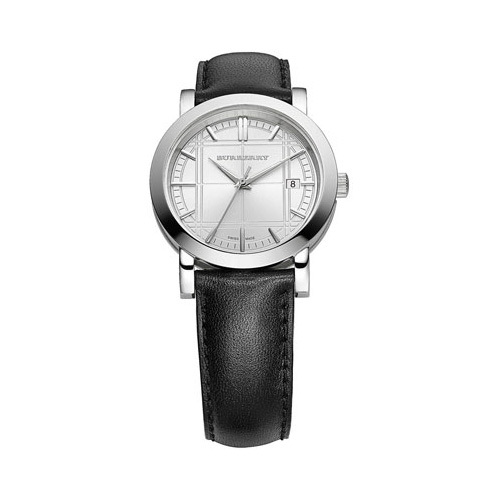 NEU BURBERRY GRAVIERTES SILBER ZIFFERBLATT SCHWARZ LEDER BAND UHR BU1382 - Bild 1 von 1