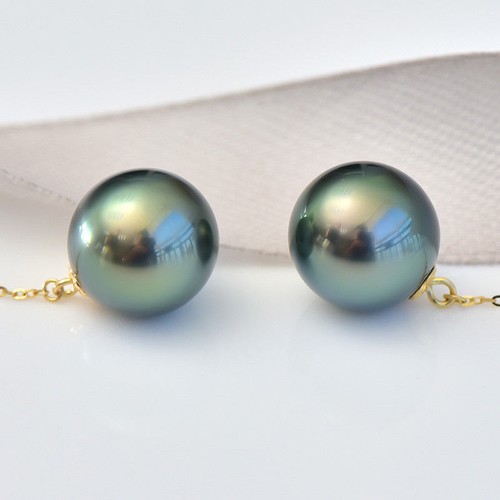 Charming AAA+ 10-11mm Real natural Tahitian black round pearl earrings 18k Gold - Picture 2 of 6