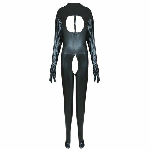 Women Lingerie Catsuit Crotchless Shiny PVC Leather Clubwear Bodysuit Costume - Picture 8 of 26