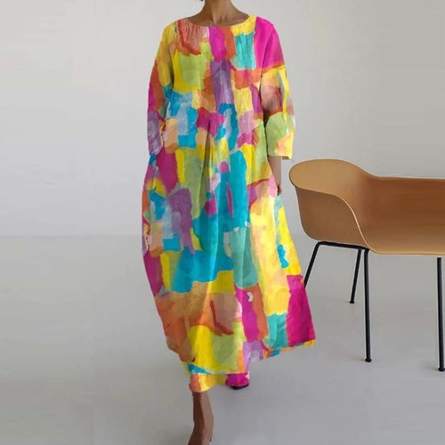 Womens Loose Round Neck Fashion Senior Long Sleeve Printed V Neck Dress - Picture 9 of 36