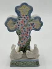 Vintage K'S COLLECTION 6.5” White Porcelain Cross Two Doves Figurines