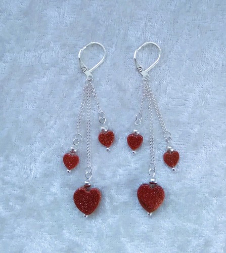 Gold Sandstone Heart Beads , 925 Silver Leverback Earrings. Handmade In Gift Bag - Picture 4 of 6