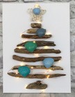 Driftwood Christmas Tree On Canvas Painted Glitter Shells & Fairy Lights 30x23cm