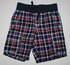New Gymboree Boys 18-24m Plaid Cargo Shorts Navy Blue Red Pull On Ribbed Waist