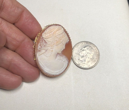 Large Vintage 18k Gold Carved Shell Cameo Hand Engraved Brooch Pendant ITALY - Picture 12 of 12
