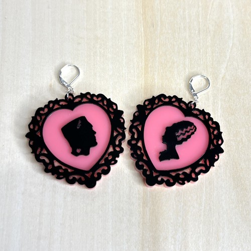 Frankenstein and Bride Cameo Earrings - Halloween Party Statement Jewelry - Picture 1 of 4