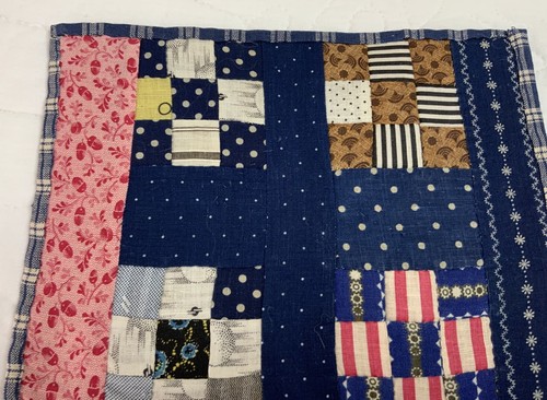 Antique Vintage Patchwork Quilt Table Topper, Nine Patch, Early Calicos, Navy - Picture 9 of 11