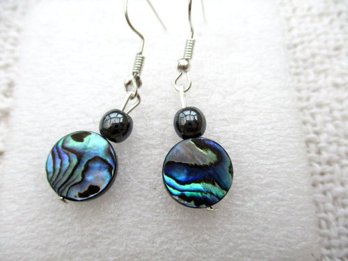 ABALONE SHELL & HEMATITE DANGLE EARRINGS 12MM - Picture 2 of 3