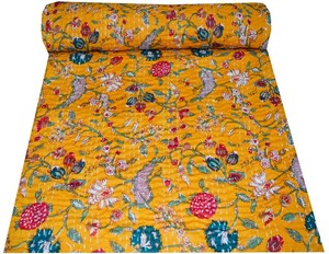 Indian Vintage Quilt Kantha Floral Bedspread Cotton Blanket Ralli Gudari