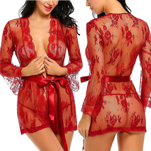 US Womens Sexy Lingerie Short Lace Dress Sheer See Through Kimono Robe Nightgown - Picture 59 of 93