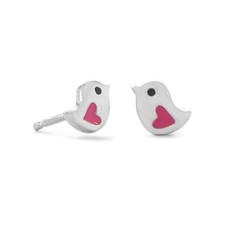 Authentic 925 Sterling Silver Women's 7mm Pink Heart Enamel Bird Stud Earrings