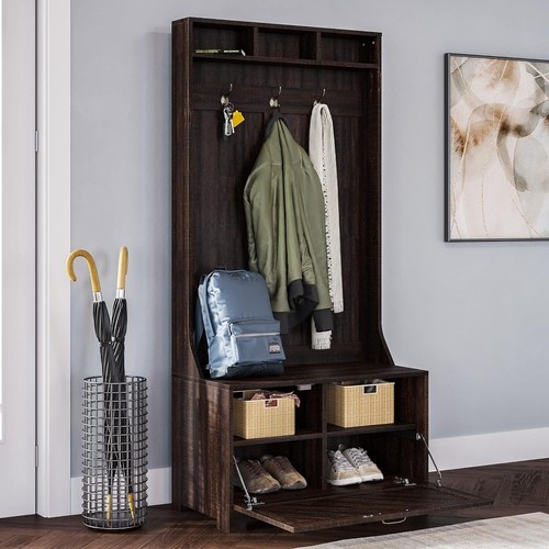 Entryway Hall Tree – 3-in-1 Coat Rack, Storage Bench & Shoe Rack, Espresso - Picture 4 of 8
