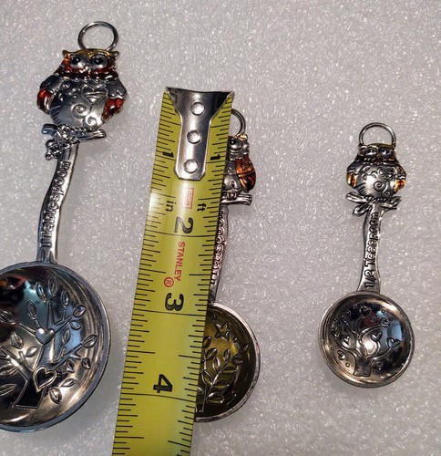 Owls Measuring Spoons Amber Silver Owls Branches Tree Hearts 4 Pc Set - Picture 7 of 14