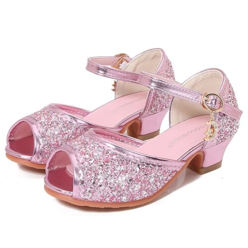 Girls Sequined Crystal Shoes Elsa Fashion Mary Jane High Heeled Princess Sandals - Picture 4 of 33