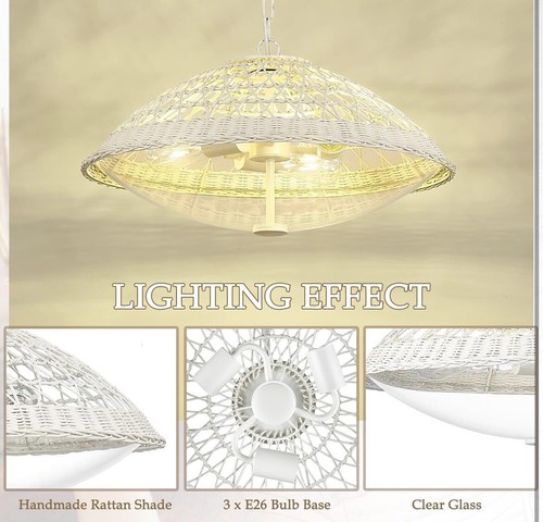 zeyu 3-Light Bohemian Rattan Pendant Light White Finish, ZG92MIL WH LOT 4382 - Picture 4 of 6