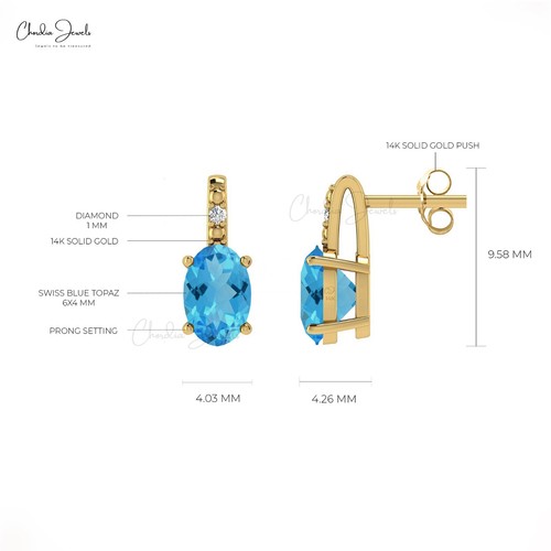 Solid 14k Gold 6x4mm Oval Gemstone Stud with Swiss Blue Topaz & Diamond Earring - Picture 12 of 22