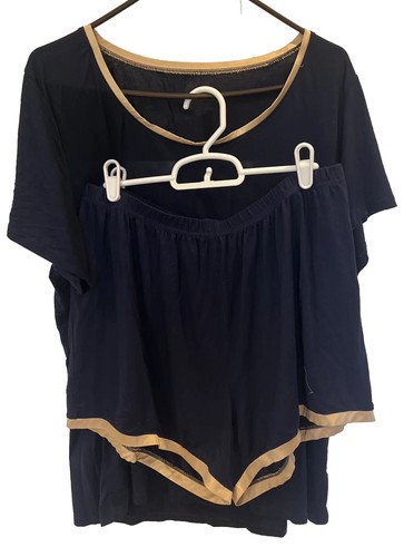 GYS Pajama Set women rayon navy blue with orange satin trim 2XL