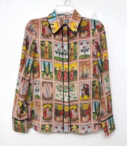 Alice + Olivia Tarot Card Alfie Silk Blouse Collared Top Mystical Print Shirt XS - Picture 3 of 15