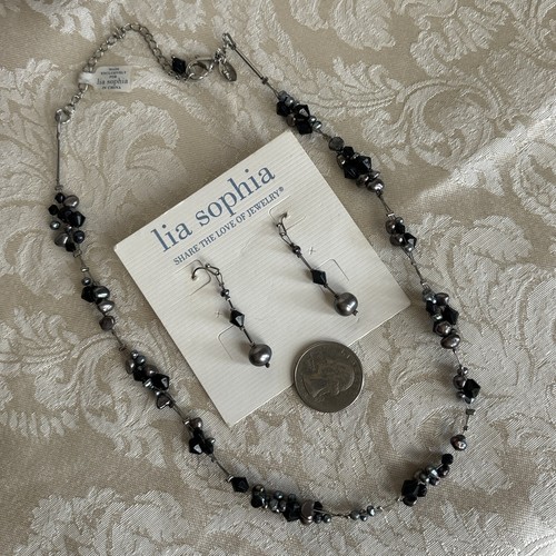 Lia Sophia Rhapsody Necklace Earrings NWT Silver Tone Freshwater Pearls Black - Picture 13 of 24