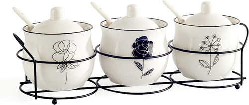 Ceramic Spice & Sugar Jars, with Lids Spoons and Shelf,Porcelain Condiment Kitch