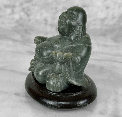 Vintage Chinese Olive Jade Happy Buddha Carved Sculpture - Picture 6 of 8