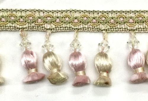 (Sold By the Yard) 3” Trim Fringe W/ Crystal Bead - Lime Green, White & Pink - Picture 2 of 3