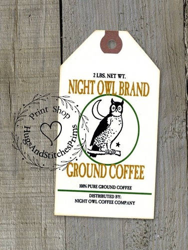 Hängeetiketten PRIMITIVE NACHTEULE GEMAHLENER KAFFEE FEEDSACK STIL ETIKETTEN #1269 Geschenkanhänger - Bild 2 von 7