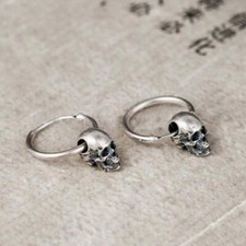 925 Sterling Silver Skull Drop Dangle Hoop Earrings Gothic Punk Rock Vintage