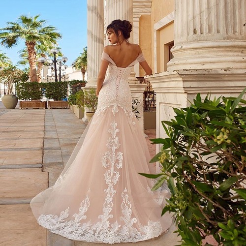 Mermaid Tulle Wedding Dress Sexy Off Shoulder Lace Appliqué Open Back BridalGown - Picture 2 of 7