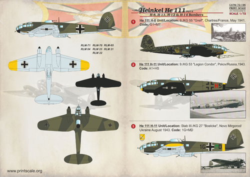 Print Scale 72-196 Decal airplane 1:72 Heinkel He-111 Part 4 Waterslide decals - Picture 2 of 24
