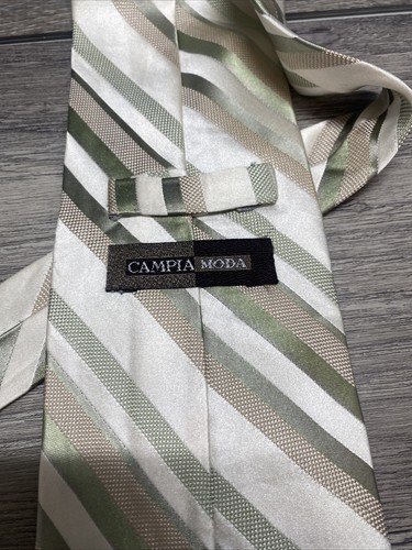 Vintage Campia Moda Men's Tie Cream Green Striped Pattern 100% Silk 59" x 3.75" - Picture 2 of 3
