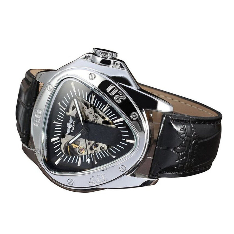 Winner Automatic Mechanical Leather Men Sport Watch Black New Triangle Skeleton