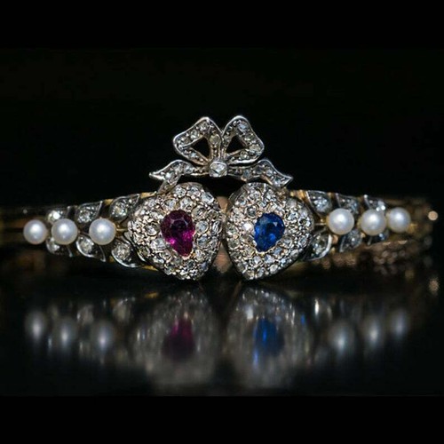 Antique Victorian Twin Heart Bangle Bracelet With Sapphire, Ruby, Pearls & CZ - Picture 2 of 4