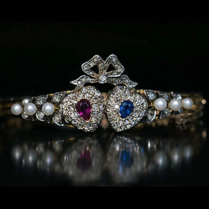 Antique Victorian Twin Heart Bangle Bracelet With Sapphire, Ruby, Pearls & CZ - Image 2 of 4