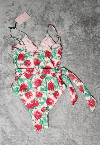 Juicy Couture Medium 1 Piece Swimsuit Twist Front Floral Belted Sash High Thigh - Picture 3 of 17