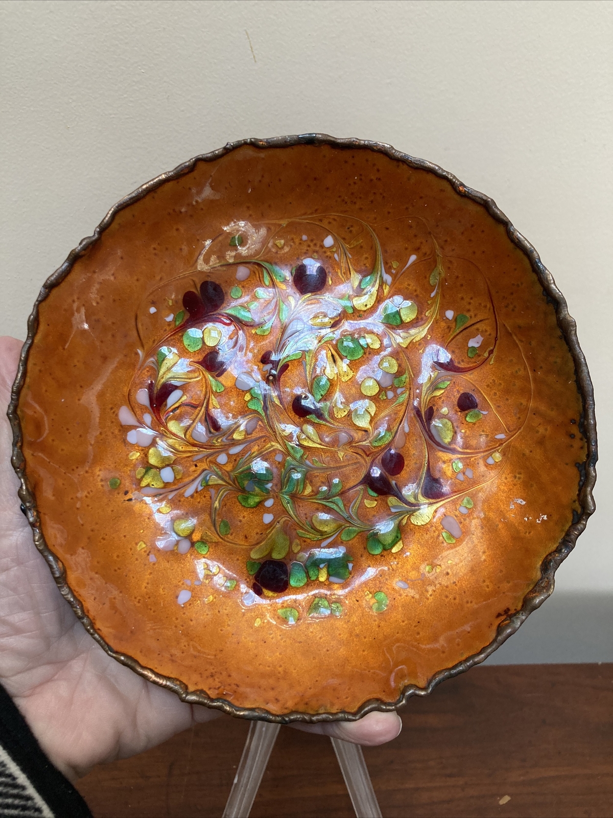 Vtg Handcrafted Enamel Copper Artisan Op Art Vessel Plate Dish Bowl Mcm