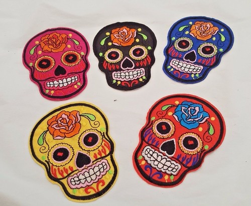 SUGAR SKULL IRON ON PATCHES SET OF 5 BLUE RED YELLOW PINK BLACK 3.5" BY 2.75" - Picture 2 of 3
