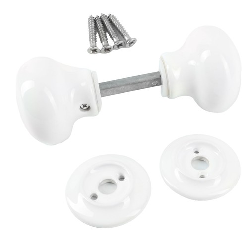 CERAMIC MORTICE DOOR KNOB SET 60mm Classic White Round Sprung Handle Internal UK - Picture 1 of 26