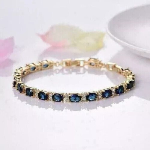 8Ct Oval LabCreated Blue Sapphire Women's Tennis Bracelet 14K Yellow Gold Plated - Picture 4 of 5