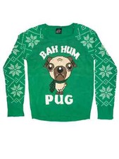 Girls Green Puppy Dog Snowflake Ugly Christmas Sweater Bah Hum Pug Holiday Knit