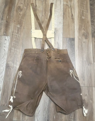 Lederhosen Genuine Leather Shorts & Adjustable Suspenders Trachten Oktoberfest - Picture 5 of 6