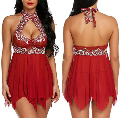 Red Women Sexy Lingerie Lace Dress Valentine's Underwear Babydoll Sleepwear Set - Picture 187 of 286
