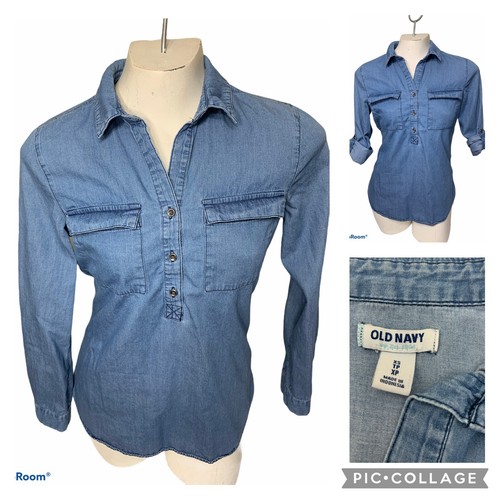Old Navy Pull Over Denim Shirt Size XS Long Sleeves Roll Tab Lightweight - Picture 2 of 12