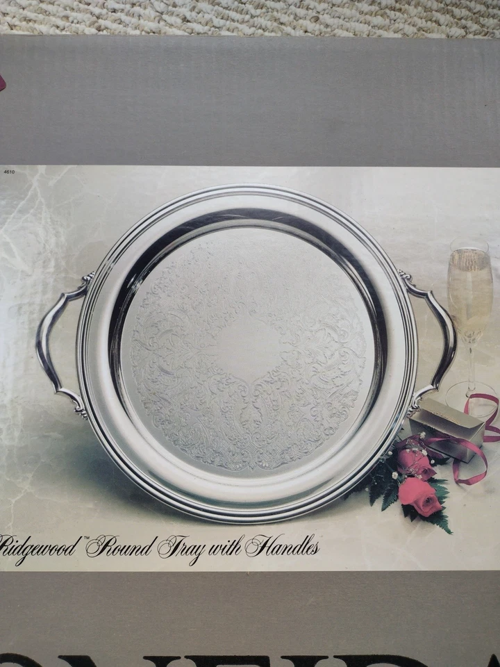 NEW Oneida Silverplate Ridgewood Round Tray With Handles 14.5”. 82021914A nib - Image 2 of 4