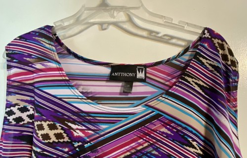 Women's Antthony 2X Iris Purple Silky Striped Pullover Summer Drape Tunic Blouse - Picture 3 of 5