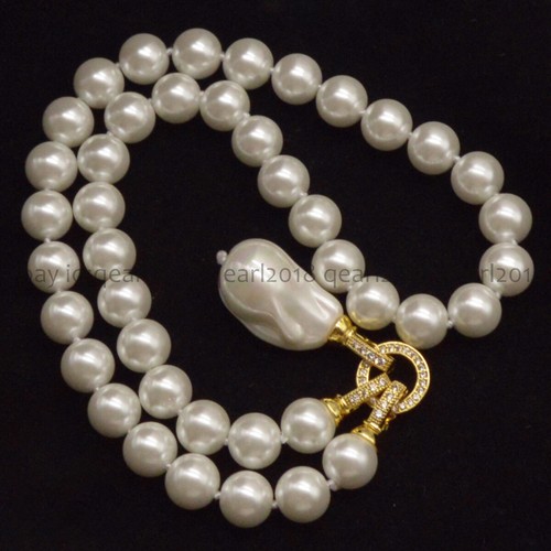8/10/12/14mm White South Sea Shell Pearl Round Beads Baroque Pendant Necklace - Picture 2 of 13