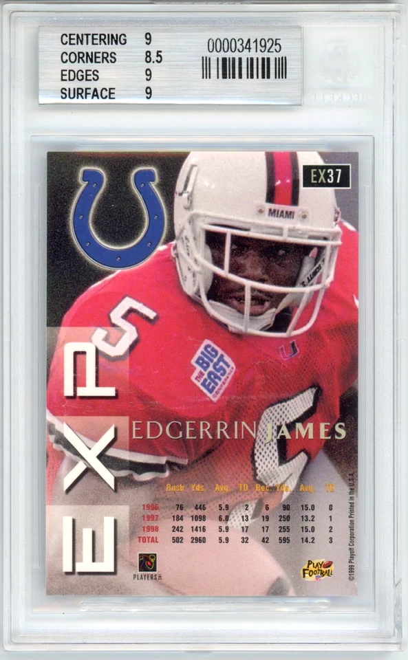Edgerrin James RC BGS 9: 1999 Playoff Prestige EXP Retail Rookie Card POP 5 - Image 2 of 4