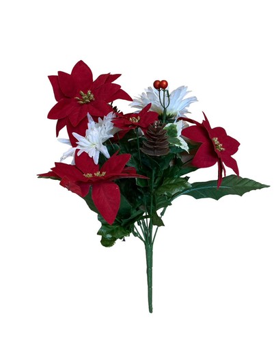 12-Head Real Touch Flannel Artificial Red Poinsettia Christmas Flower Bushes - Picture 2 of 14