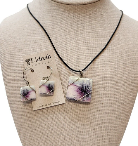 Eldreth Pottery Pendant Necklace Earrings Porcelain Tile Nature 2 side sterling - Picture 3 of 13