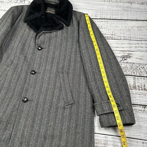 Vtg 60s Sears Fur Collar Wool Overcoat 44 Men’s Herringbone Tweed Sherpa Lined - Picture 6 of 16